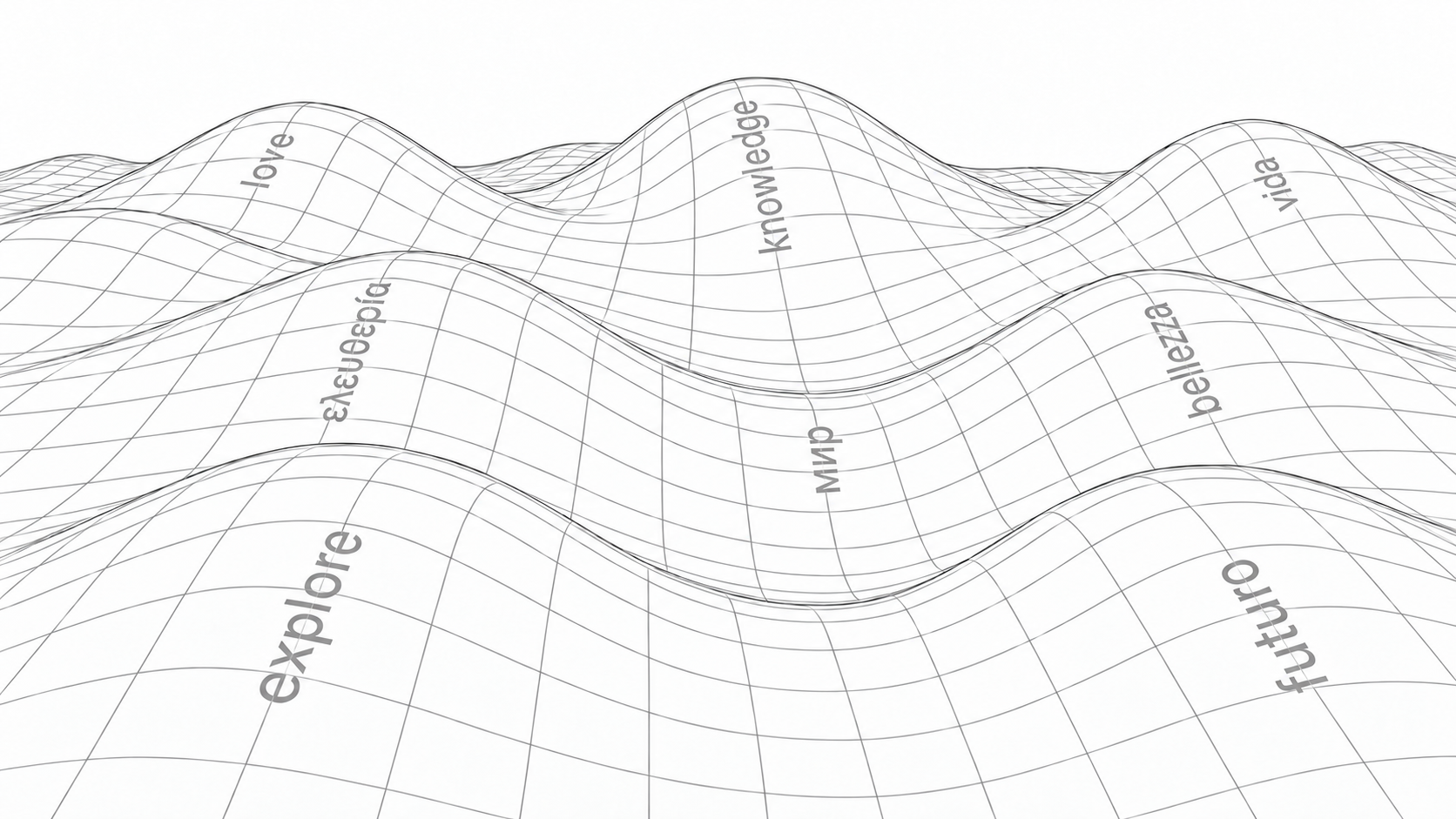A flowing wireframe landscape with words in several languages embedded across its surface.